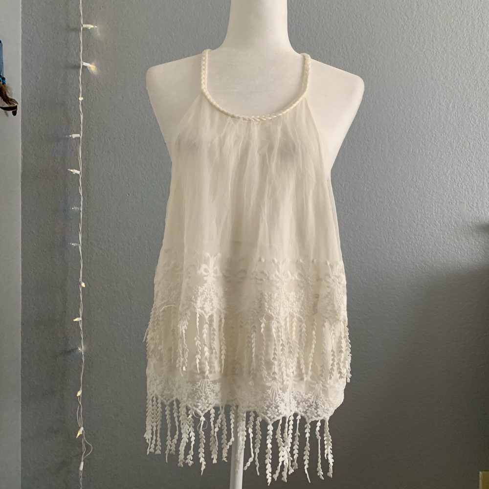 White Boho fringe tank